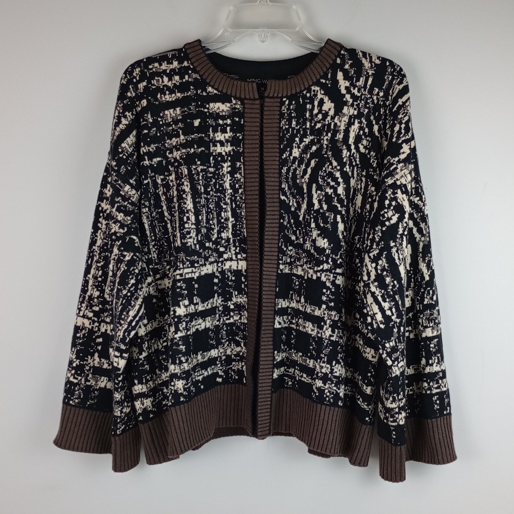 Ming Wang Womens XL Black Brown Abstract Knit Hook & Eye Cardigan Sweater